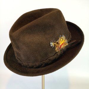 Vtg Royal Biltmore 60s Fedora Hat Felt Brown Feather braided band Grannycore